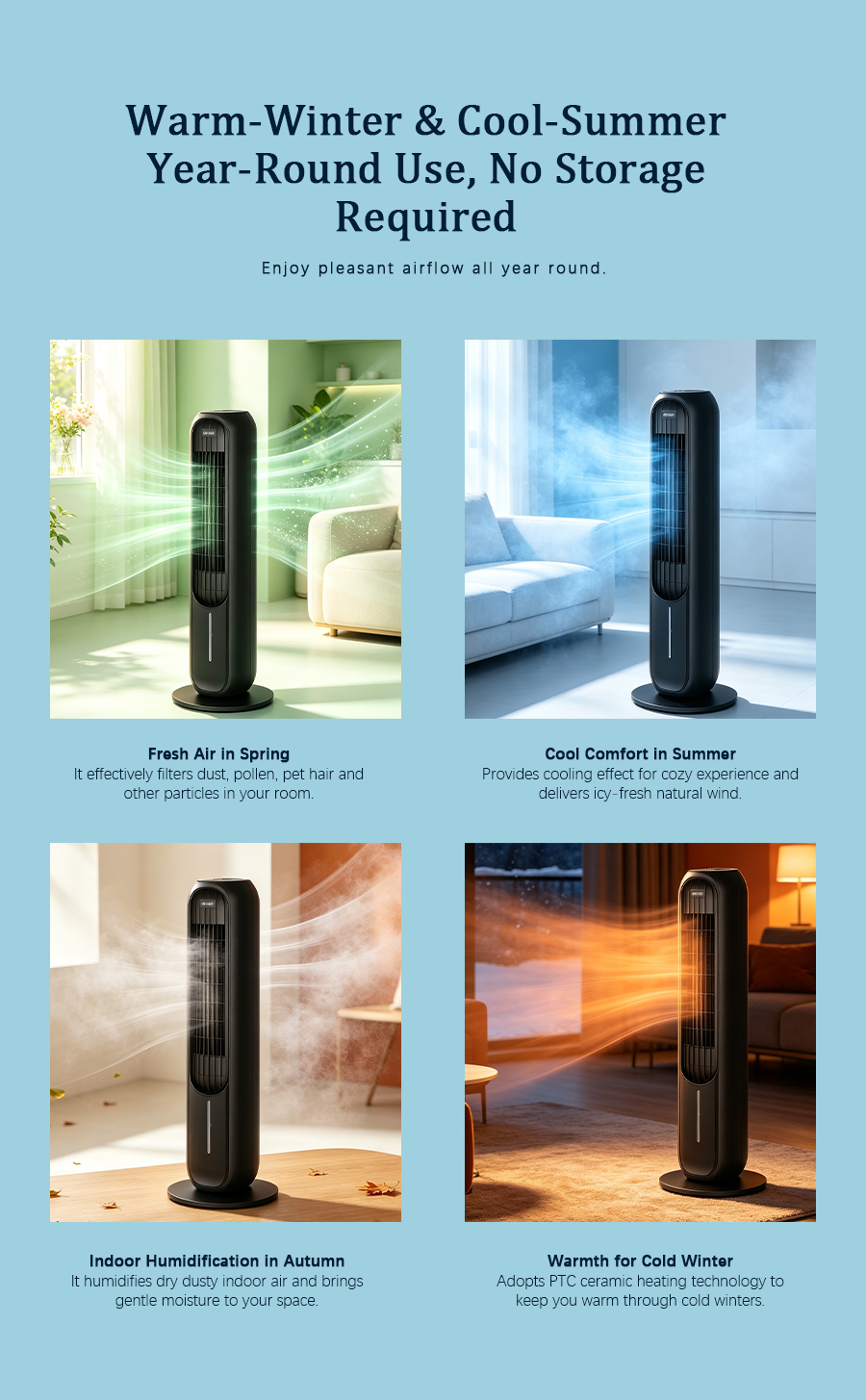 Heating & Cooling Tower Fan, Water Evaporative Air Cooler, Negative Ion Purifier 4-in-1 Heater & Cooling Fan image 4