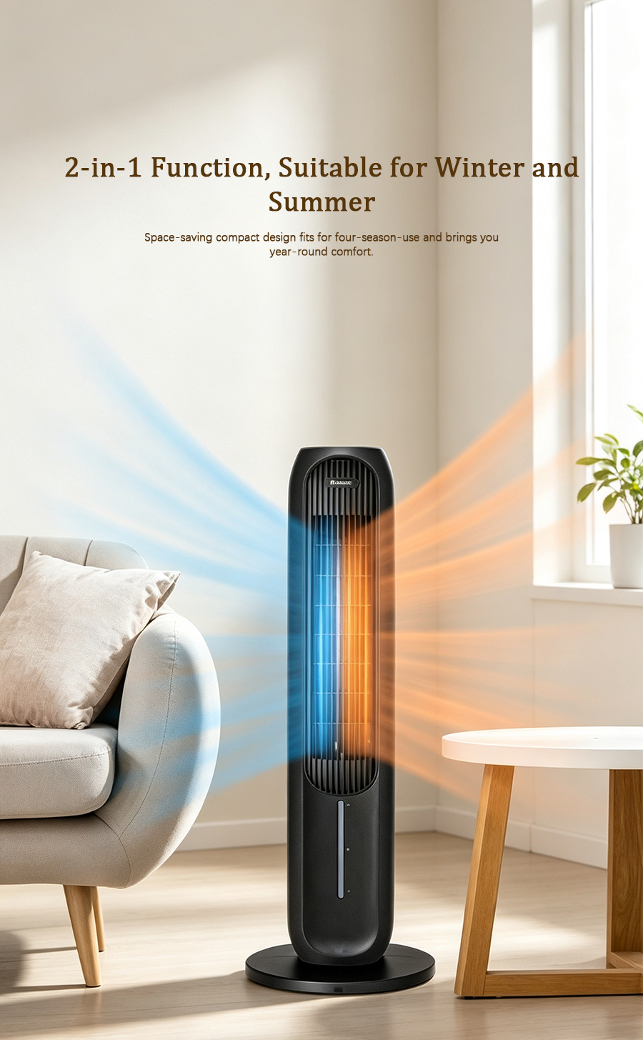 2-in-1 Evaporative Cooling & Space Heating Tower Fan with Humidification, Negative Ion, 80° Oscillation image 5