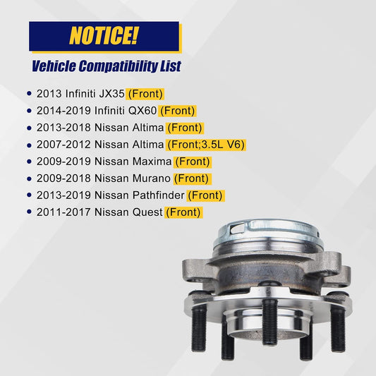 Front Wheel Hub and Bearing Assembly Fit for Nissan Altima 2007-2018, Maxima 2009-2019, Murano 2009-2018, Pathfinder 2013-2019, Infiniti JX35 2013, QX60 2014-2019, 5 Lug