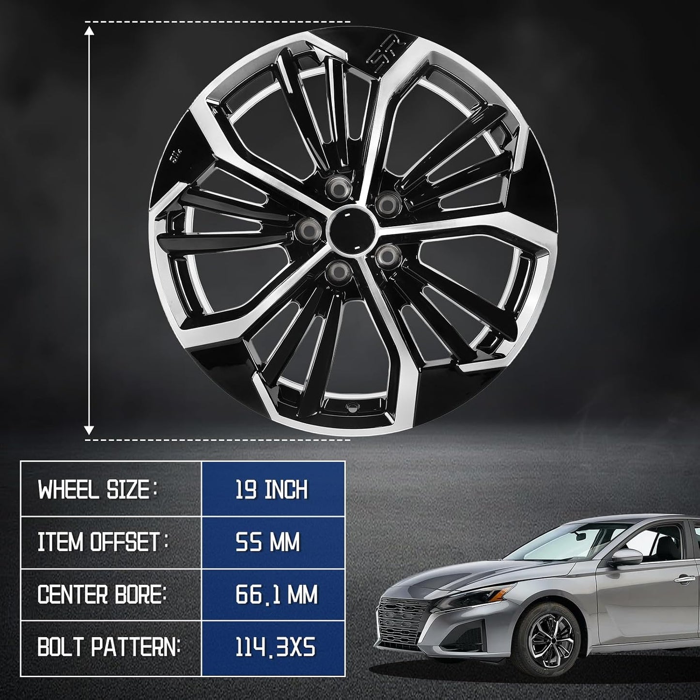 New Replacement Rim 19"x8" Machined Black Premium Aluminum Alloy Wheel Rims Fit for Nissan Altima 2023 2024 2025, Direct Fit and OE Stock Specs 19x8 inch Rim, ALY62854U45N