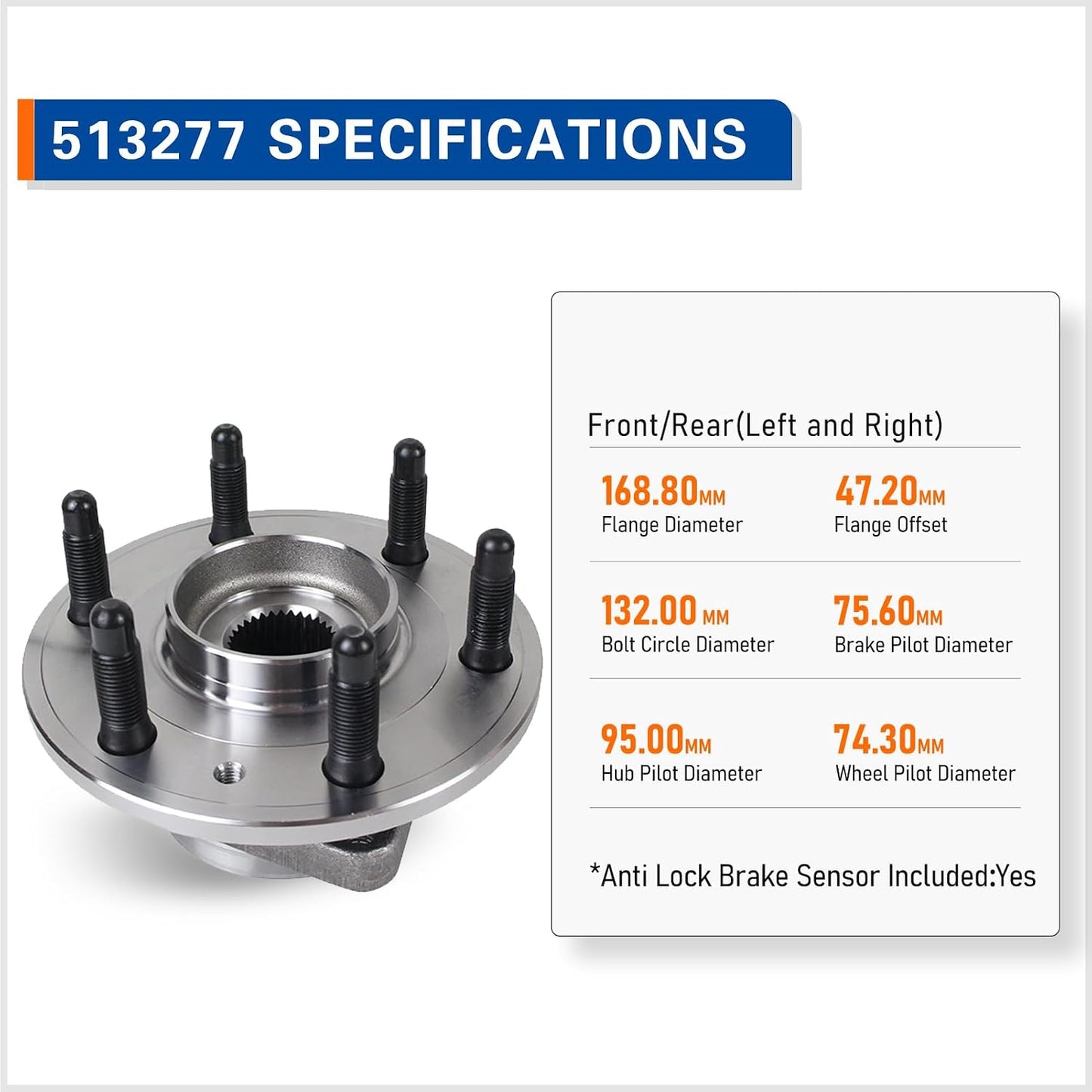 Front/Rear Wheel Bearing and Hub Assembly with ABS, 6-Lug, Compatible with 2008–2017 Buick Enclave, 2009–2017 Chevy Traverse, 2007–2016 GMC Acadia, and 2007–2010 Saturn Outlook